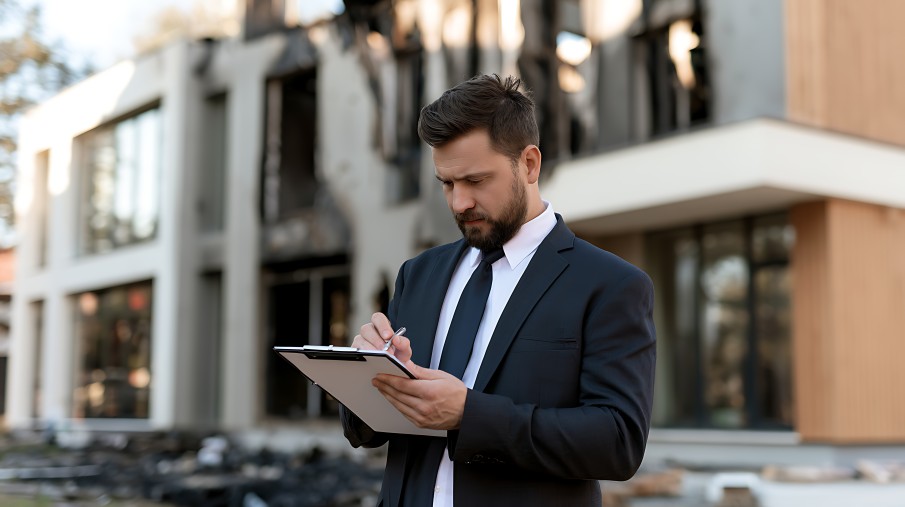 Man documenting property damage outside a fire-damaged apartment building using a clipboard.