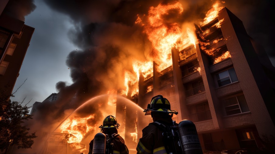 Firefighters battling a large apartment building fire as flames and heavy smoke engulf multiple floors.