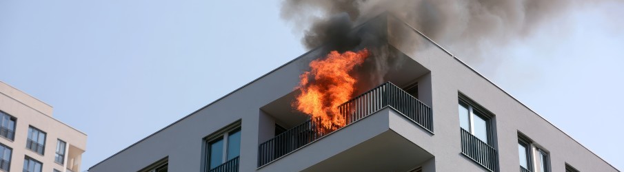 Flames and thick smoke rising from an apartment balcony during a residential building fire.